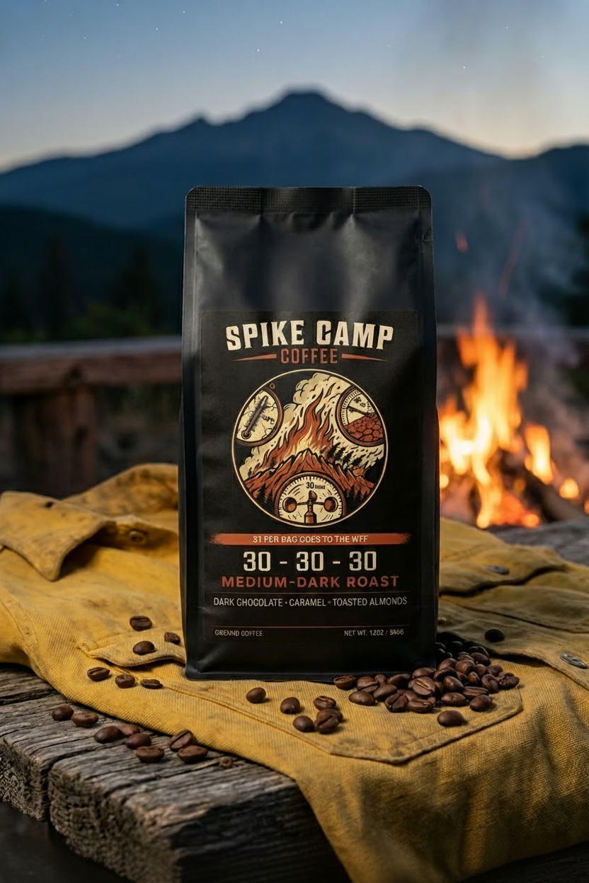 Spice Camp Coffee package with coffee beans on a wooden surface with a mountain and fire background