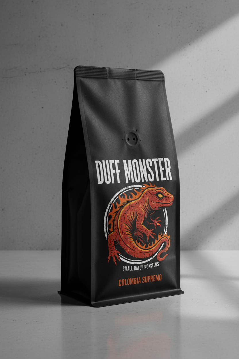 Black coffee bag with 'Duff Monster' branding on a gray background