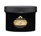 Black jar of Obenauf's Heavy Duty LP Leather Preservative on a white background