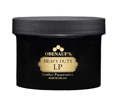 Black jar of Obenauf's Heavy Duty LP Leather Preservative on a white background