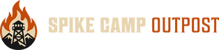 A logo-style graphic reading 'SPIKE CAMP OUTPOST' on a white background, with an orange and black flame-and-tower emblem on the left and tan and orange text on the right.