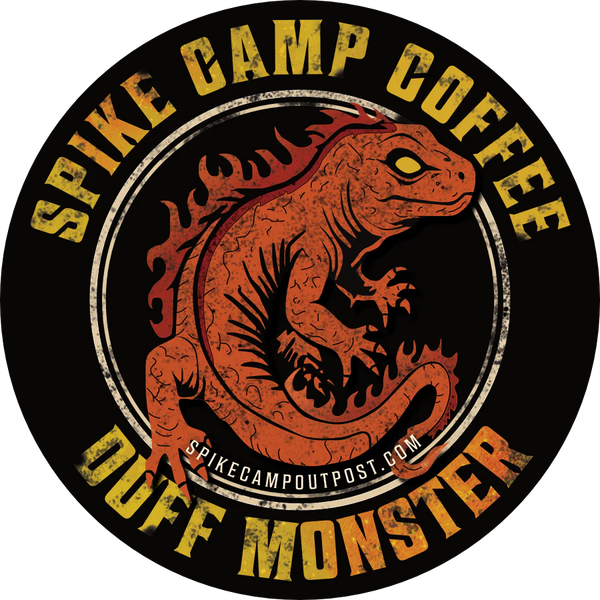 Spike Camp Coffee Duff Monster logo with a fire salamandor / lizard illustration on a black background.