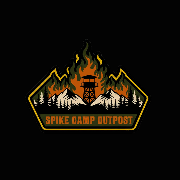 Logo of Spike Camp Outpost with a fire tower, flames, and mountains on a black background.