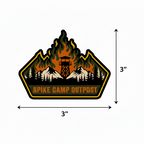 Logo of Spike Camp Outpost with mountain and tower design, dimensions indicated.