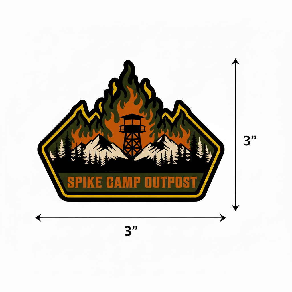 Logo of Spike Camp Outpost with mountain and tower design, dimensions indicated.