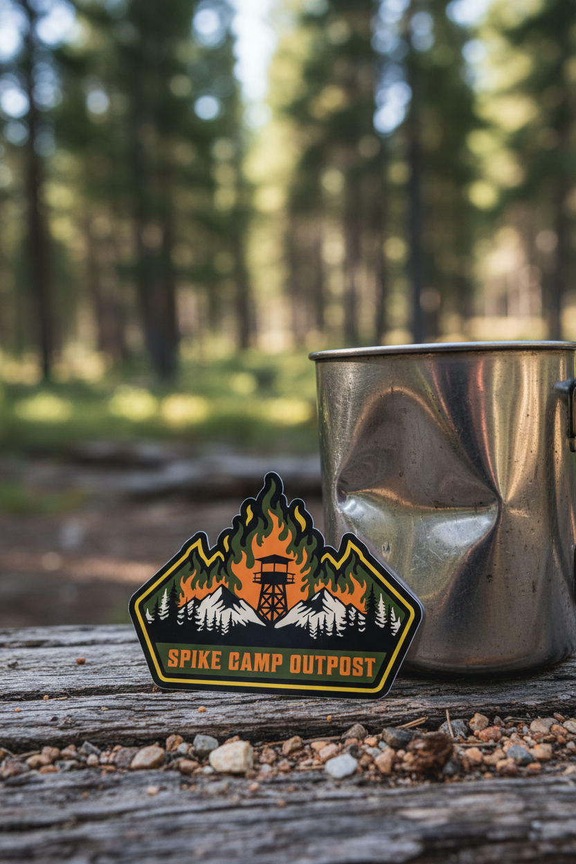 Metal camping pot with Spike Camp Outpost logo on a wooden surface in a forest setting