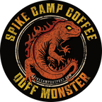 Spike Camp Coffee Duff Monster logo with a fire salamandor / lizard illustration on a black background.