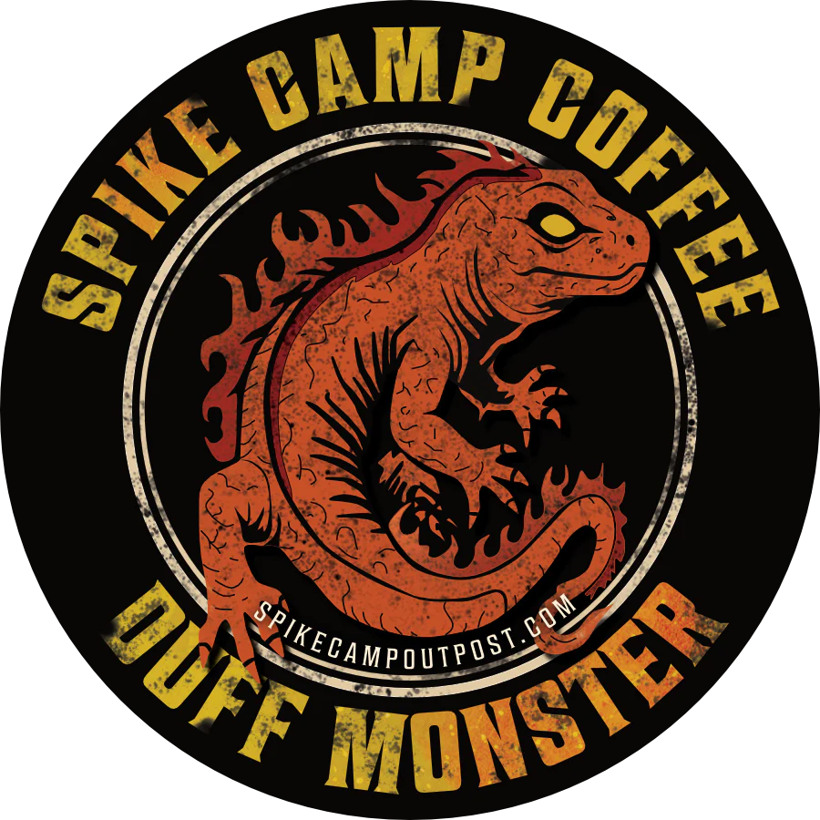 Spike Camp Coffee Duff Monster logo with a fire salamandor / lizard illustration on a black background.