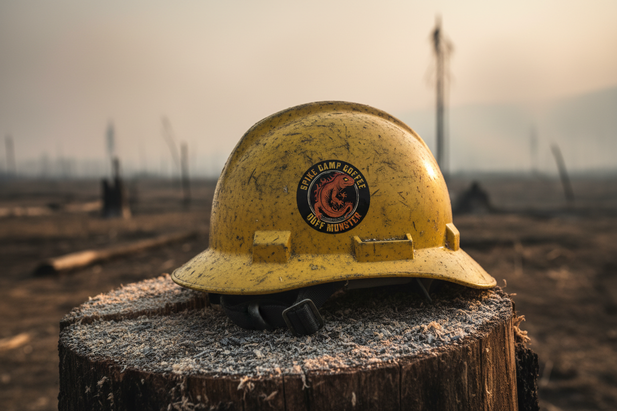 Duff Monster Sticker Side of Hard Hat on Stump